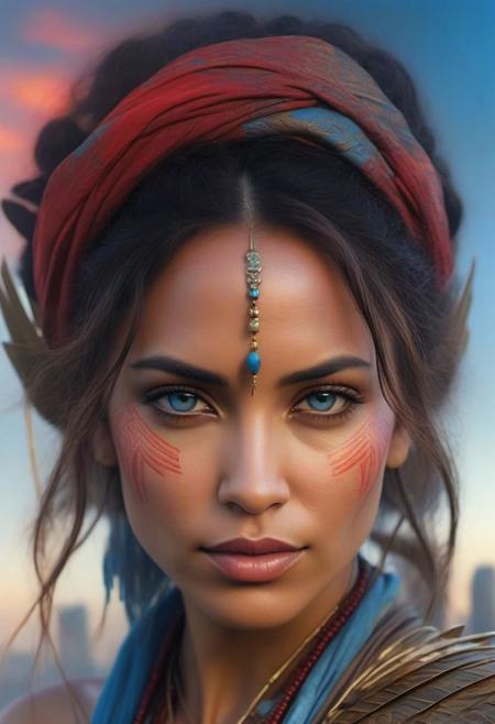 Steampunk tahitian Woman 40 years old with fine hightech skin details, detailed face, sf, intricate artwork masterpiece, blue and red pastel ratio, background is apocalyptic city on golden hour, ominous, matte painting movie poster, by Carne Griffiths