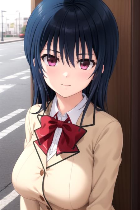 Mio-ysof long hair,black hair,floating hair,sidelocks,hair between eyes,bangs,purple eyes blazer,beige jacket,wing collar,red bowtie,white shirt,collared shirt,long sleeves,huge breasts,miniskirt,red skirt,pleated skirt,zettai ryouiki,black thighhighs,loafers