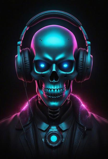 A cybernetic marvel unfolds: A skull adorned with headphones emerges in front of a dark background, creating a ghostpunk aesthetic in this epic digital art piece. This professional and captivating portrait captures the essence of a DJ in the cyber realm, radiating a synthwave vibe. The combination of a death skull and fantasy elements results in a beautiful digital artwork that stands out as the best on ArtStation. This smooth and detailed creation, portraying a night-time raid, exemplifies great digital artistry. With its blend of scary yet colorful elements, this trending digital art piece epitomizes the portrait of a cyber skeleton in a mesmerizing and haunting manner.