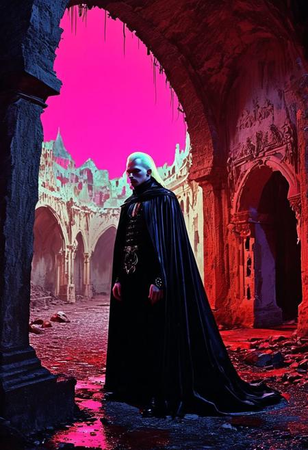 albino vampire with a flowing black cape, hiding in the catacombs beneath a desolate village
silhouette ,
in the style of the decaying empire of Wrstreich, dark magic and grotesque creatures abound, inspired by Sean Aaberg's punk aesthetic, dark fantasy world combines grim landscapes with vibrant, exaggerated neon colorful art, old 80's VHS dark fantasy, VHS screen grab, grainy, old footage