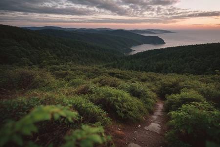 raw photo, a sunset landscape, (Hyrcanian Forests: 1.39) (temperate-rainforest), Iran, Caspian sea, cozy, photorealistic, high detailed texture, 8k uhd, dslr, soft lighting, high quality, film grain, Fujifilm XT3, Sony A7 IV, highly detailed photography, (muted colors, cinematic, dim colors, soothing tones:1.2), vibrant, insanely detailed, hyperdetailed, (dark shot:1.2), (vsco:0.3), (intricate details:0.9), (hdr, hyperdetailed:1.2) (highest coherency: 1.39) (highest quality: 1.39) (rule of Thirds) (award winning) (breathtaking) (masterclass) (vibrant color: 0.79) (mist: 0.79) (distant sea) (steep rocky hills) (sharp focus forground)