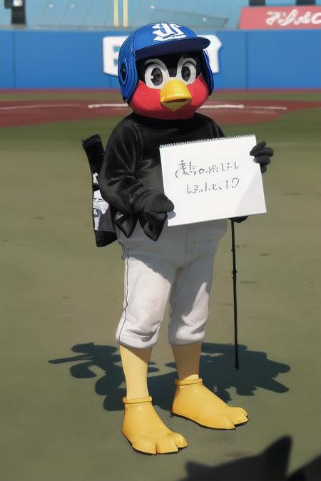 masterpiece, best quality, ultra-detailed, illustration,
tsuba9rou, mascot, sign, holding, holding sign, dirty, full body, baseball cap, black eyes, stadium, helmet, standing, outdoors, dirty clothes, grass, blurry background, beak, 
 <lora:Tsubakurou_V1_1.0_MIDD:1>