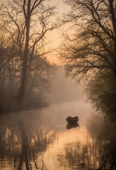 Enter the tranquil embrace of dawn's first light as mist delicately veils the slender trees lining the riverbank. In this dreamy landscape, the soft hues of morning create an ethereal ambiance. A small boat drifts along the calm river, its presence invoking a sense of solitude and introspection. Captured by a visionary photographer, this scene transcends reality, inviting viewers to immerse themselves in the serene beauty of nature's quiet awakening.