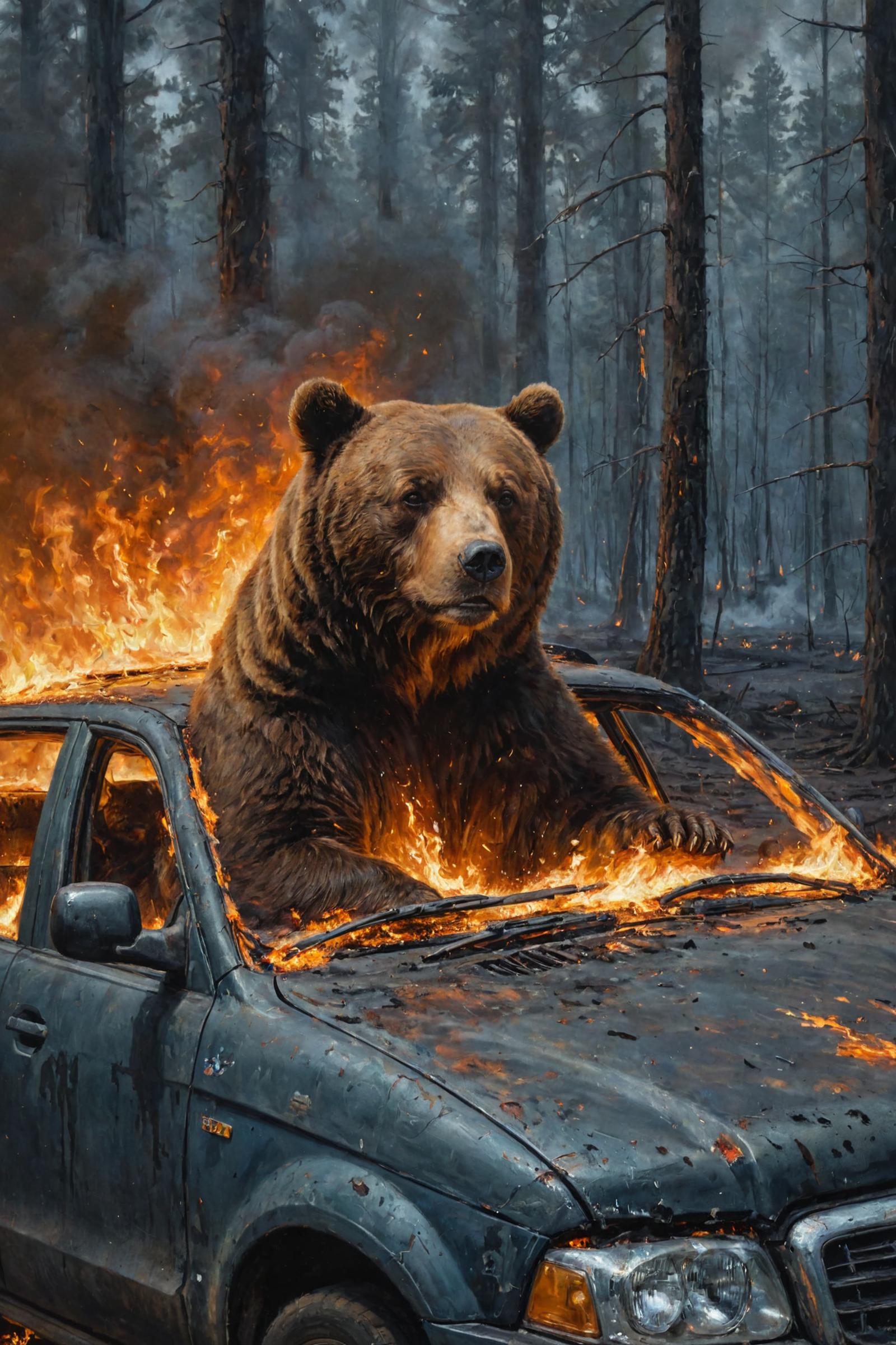 Bear sitting in a burning car.