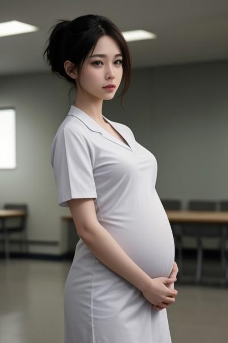 pregnant Female, with black single ponytail and wearing white nurse uniform. In the school health room.
FHD, masterpiece, realistic style.