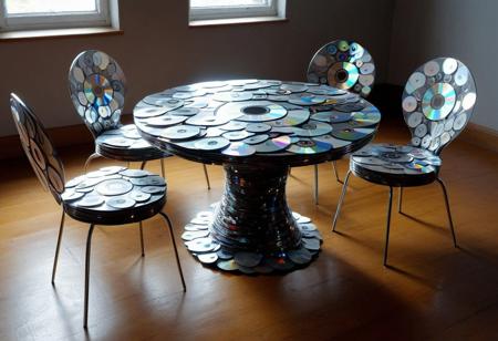 1table, 1chair, indoors, modern twist, astonishing, made of cd's, 4k, highly detailed