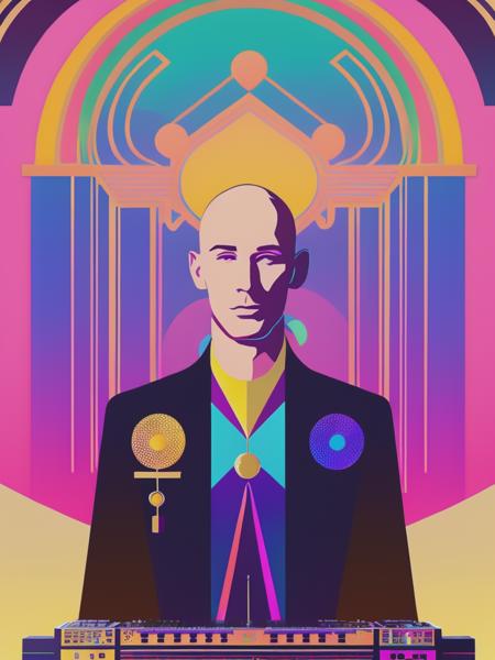 <lyco:VictorMoscoso:1.0> pop art deco nouveau, flat 2d vector design, Bald dj high priest by Norman Saunders, lisa frank, James Gilleard and barry moser -