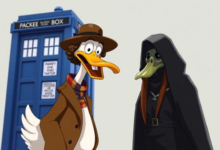 CGI Cartoon, "Duckter Who: Die Duckter Die", The 4th doctor as a duck, a tall thin male cartoon duck with big curly brown hair, lots of big teeth, a big brown coat, a multi-colored scarf, a big brown hat, The Tardis, a tall blue box behind him, Sarah Jane as a duck, a glamours female duck with long straight brown hair stands next to him, they are threatened by The Master as a duck, a shadowy figure with a duck skull for a head with eyes in it wearing a cloak,