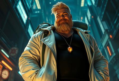 seen from below, closeup from below, action movie scene with hazey blue colorgrading and noise grain, gay bara manga by Goh Fujimoto and Gengoroh Tagame as hyperealistic dark cgi scifi movie 3d 2.5d render with realistic professional lightning and advanced 3D shading tech, depicting a serious stern blonde hairy german musclechub wiith a big round belly and huge steroid muscle arms wearing a white leather jacket and long loose black v-neck tshirt, silver necklace with orange glowing crystal pendant, small golden earring in right ear, very hairy chest, his face is round and he has crooked small nose and a doublechin, in a dark megastructure megacity, hands in jacket pockets while having an epic main protagonist pose with a fitting dramatic camera angle, wearing a huge teal colored adventurer backpack with strands of cloth hanging from it, detailed high resolution textures, dark shadown with dynamic rimlight, he smiles gently and full of love