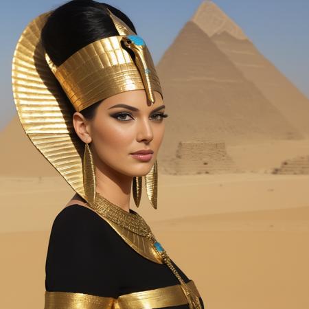 Photo of (ohwx woman) <lora:KendalJenner:1> as an Egyptian queen, serpent headdress, golden serpent jewelry. pyramids, Egypt