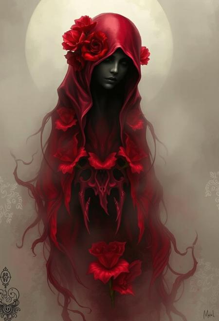 A hauntingly beautiful red floral ghost enveloped in an eerie mist, illustrated in the style of gothic art, intricate details, delicate petals, dark shadows, ethereal atmosphere