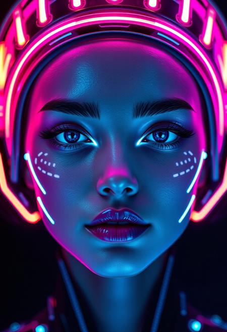 futuristic LED-infused headwear, glowing LED accents on face, (illuminated makeup:1.3), neon lights reflecting off skin, subtle LED glow framing the face, high-tech fashion, glowing patterns around the eyes, (sharp focus), high-definition, fiber-optic headpiece, illuminated cheekbones, glowing eyeliner, radiant LED strips, cyberpunk aesthetics, soft LED glows highlighting facial features, glowing seams along the jawline, dynamic lighting, sleek LED face accessories, techwear-inspired beauty, (bad anatomy:-1.4), (good anatomy:1.4), luminous accents on lips, glossy makeup with LED reflections, futuristic elegance, ultra-realistic textures, LED crown, energy-infused materials, face lit by soft glowing LEDs, smooth and glowing skin, LED rings around the eyes, high-resolution, (muted colors:-1), intricate light design on face, precise light reflection, fashion-forward LED makeup, radiant face, surreal light effects