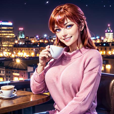 ((upper body, cute smile, wearing pink sweater, sitting in a cafe holding a cup of tea, city in background, night time))<lora:TortureMaryLoRA:0.8> torturemary, beautiful eyes, beautiful girl, high detail skin, high detail eyes, high detail hair, highres, ultra detailed, sharpen picture, Highly detailed, masterpiece, best quality,