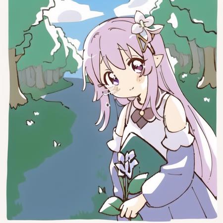 1girl, bangs, bare_shoulders, blue_sky, blunt_bangs,braid, breasts, bush, closed_mouth, cloud, cloudy_sky, crown_braid, day,detached_sleeves, emilia_\(re:zero\), eyebrows_visible_through_hair, flower, forest, garden, gem, grass, hair_flower, hair_ornament, hair_ribbon, house, long_hair, looking_at_viewer, nature, outdoors, park, path, pointy_ears, purple_eyes, purple_ribbon, ribbon, road, silver_hair, sky, smile, solo, tears, tree, white_flower, x_hair_ornament <lora:namoridane-0000012:1>