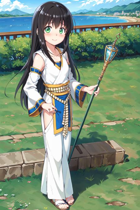 <lora:viki_suikoden:0.77>,  viki suikoden, 1girl, solo, long hair, brown hair, ((masterpiece)), (best quality), 1girl, alone, bridge, grass, focused, close angle, grabbing, blush, worried, closed mouth,  detailed, anime, green eyes, hand on hip, cowboy shot, shoes,long sleeve, black hair, flats, holding, :d, ribbon,chinese clothes, bangs, footwear, colorful, full body, standing, cliff, mountain, ocean,  looking to viewer, stone castle middle ocean, white dress, white clothes, blue, bottomless, magic 1 staff, blue sleeve, sideless dress