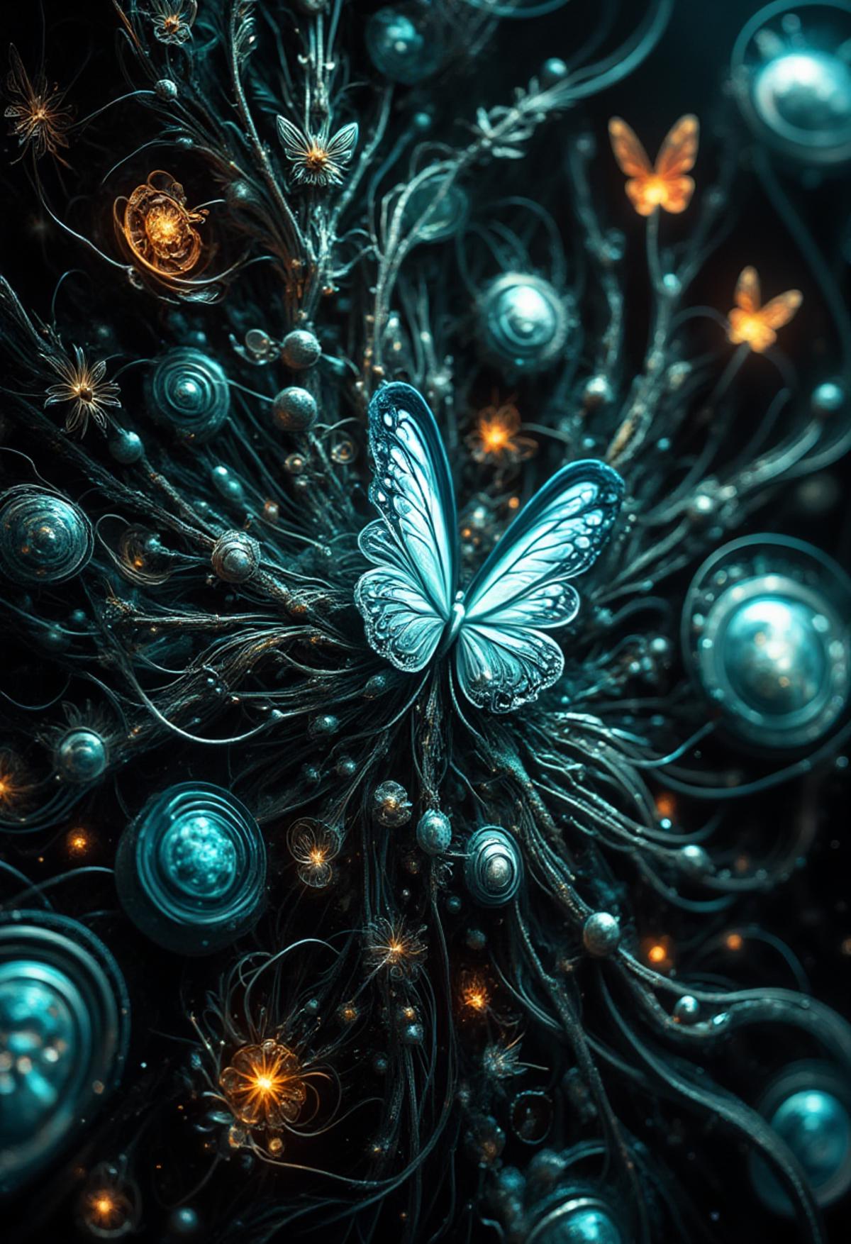 In this surrealist art piece, we find ourselves in a world where the microscopic and macroscopic collide. The electron microscope, usually reserved for scientific observation, has been transformed into an otherworldly environment. Against a dark background, a swarm of butterflies dance amidst the intricate web of wires and circuits. The contrast between their delicate, colorful wings and the cold, mechanical surroundings creates a sense of unease and curiosity. As we zoom in closer, we notice the incredible detail captured by the microscope - tiny cells, molecules, and even atoms arranged in patterns that resemble the delicate structures of butterfly wings. This hauntingly beautiful scene challenges our perception of reality and invites us to ponder the interconnectedness between the worlds we once thought were distinct.,  <lora:glowing_flux.safetensors:1.0>,  <lora:FluxDFaeTasticDetails.safetensors:1.0>,