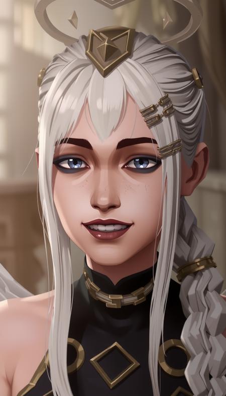 Arcane Style, Happy Smiling, blurry background, a portrait of an angelic female character with white hair and golden accents, adorned with a halo