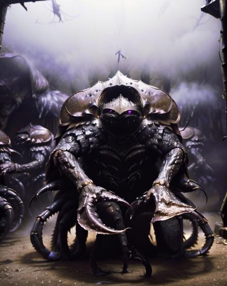 garthim, giant bug, large shell, crab legs, giant claws, purple eyes, full body, in a foggy room, black background,  <lora:Garthim_Dark_Crystal-000013:1>