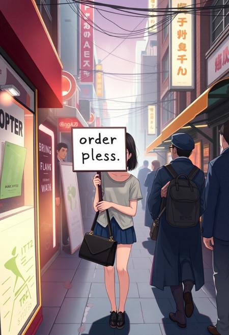 Medium shot digital illustration, (Realistic girl holding sign:1.3), Symmetrical composition, slender body, (Text on sign "order please":1.2), sad expression, Busy street, (Dramatic shadows:1.2), Soft glows, Contrasting color highlights, Future city atmosphere.