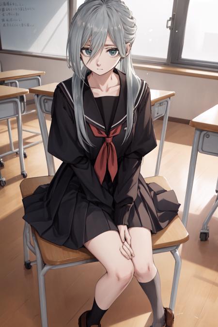 masterpiece, best quality, highres, Sharp focus, dslr photo, HD, UHD, 8K, school, classroom, subaru hoshina, 1girl, solo, long hair, skirt, shirt, long sleeves,   school uniform, ponytail, grey hair, pleated skirt, shoes, serafuku, puffy sleeves, sailor collar, black footwear, neckerchief, brown footwear,  loafers, Sitting with hands holding onto an invisible rail <lora:HoshinaSubaruV2:0.85>