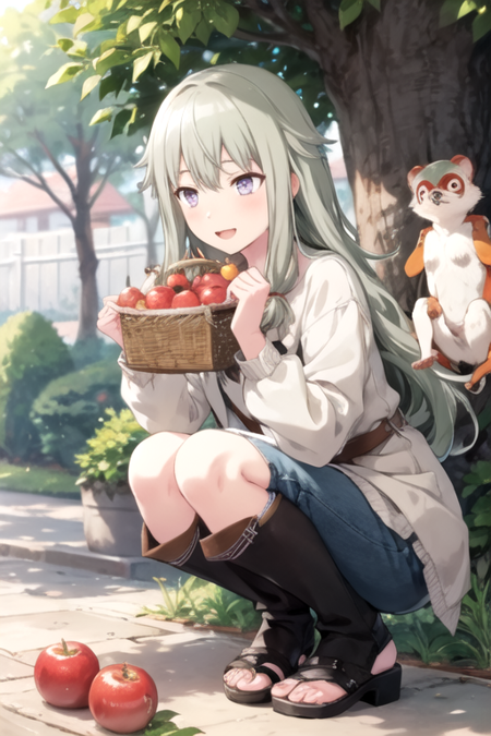 <lora:NotKyo-08:0.7> , nene, long hair, blush, smile, short hair, open mouth, shirt, hat, dress, holding, 1girl, hair between eyes, sitting, closed mouth, purple eyes, closed eyes, white shirt, pink hair, short sleeves, sidelocks, outdoors, food, green hair, day, pants, blunt bangs, water, tree, fruit, ^_^, animal, floral print, sandals, sunlight, squatting, red shirt, nature, forest, sun hat, straw hat, basket, on head, animal on head, banana, squirrel, monkey