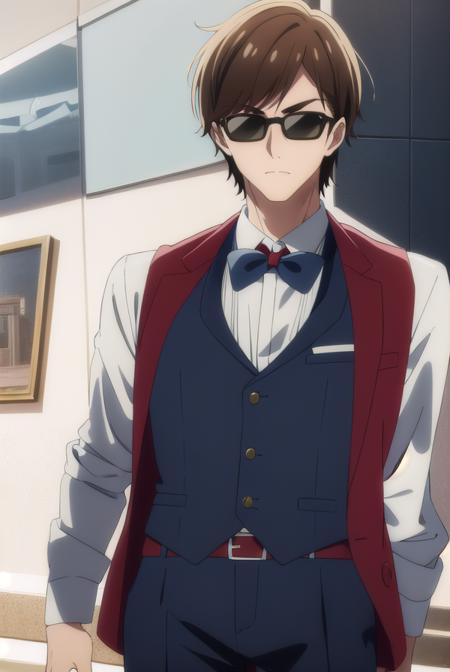 koutarou tatsumi, short hair, brown hair, male focus, sunglasses, shirt, long sleeves, bow, jacket, white shirt, collared shirt, belt, pants, bowtie, vest, black bow, blue bow, blue jacket, jacket on shoulders, blue pants, blue bowtie, red vest,