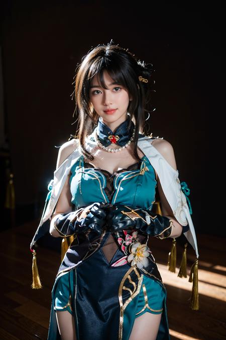 best quality, masterpiece, photorealistic, 1girl, solo, standing, cowboy shot, looking at viewer, smile, closed mouth, bangs, hair between eyes, ruanmei cosplay costume, china dress, chinese clothes, cosplay, ruanmei, dress, gloves, elbow gloves, hair ornament, jewelry, <lora:starrail_Ruanmei_cosplay_v1:0.7>