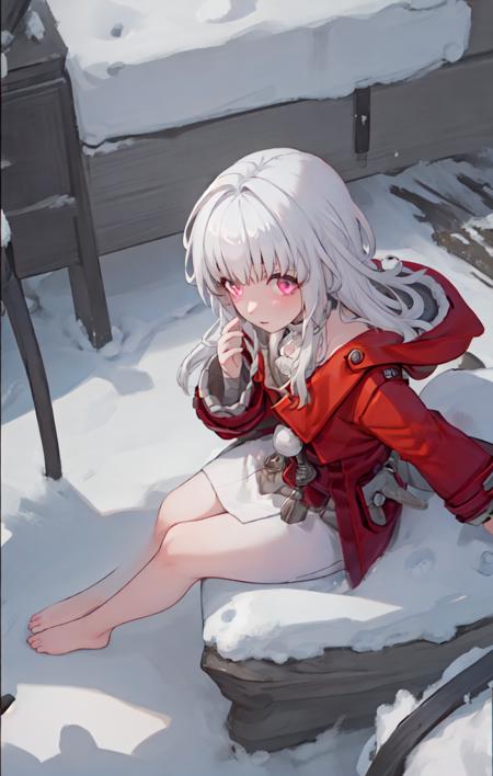 (best quality:1.3),(masterpiece:1.3),(illustration:1.3),(ultra-detailed:1.3),(imid shot:0.9),

1girl, solo, red jacket, sleeves past wrists, long hair,  barefoot, long sleeves, simple background, full body, coat, grey hair, looking at viewer, 
very young, upper body ,short neck, small breasts,

from side,from below,close-up, 

pink eyes, jewel-like eyes,

snowflakes, snow, forest, wooden floor, sunlight, morning,  log cabin