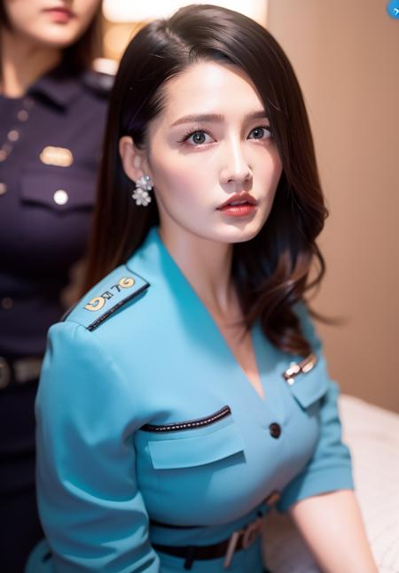 best quality, ultra high res, (photorealistic:1.4), colored eyelashes, 1 girl, (japanese police uniform:1.4), dark hair,earrings,black pencil skirt,( black leagwear:1.3),parted lips,river,bridge,lipstick,