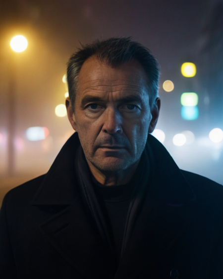 city street, neon, fog, volumetric, closeup photo of 50 y.o man in dark clothes, serious face