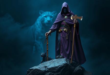 Generate a highly detailed, photorealistic image of a steampunk-inspired lich. The lich should be unmasked, wearing a full-body purple cloak, and standing on a rock amidst a dark blue mist. Include an axe and a shepherd's crook as props, with the blue panther visible in the background. Ensure the image is hi-fructose, with lifelike details and a dark vignette. Apply the golden ratio and aim for an ultra-detailed, gritty, and dramatic effect. The output should be in 4K or 8K resolution, with a focus on trending styles as seen on Artstation.