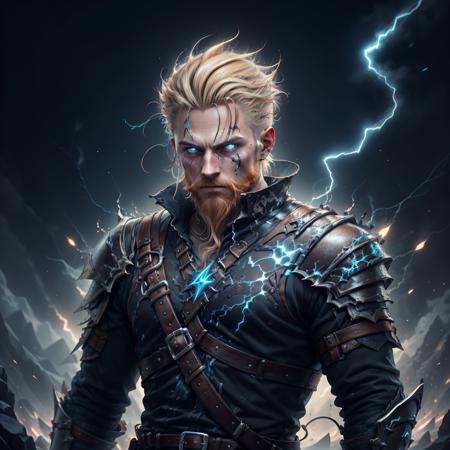 <lora:Lightning:0.8>Lightning, absurdres, highres, ultra detailed, (1boy), BREAK, infrared photography, otherworldly hues, surreal landscapes, unseen light, ethereal glow, vibrant colors, ghostly effect, 1 Viking Warrior, light Blond hair, ((braded hair)), Viking axe, leather armor, brown and black clothing