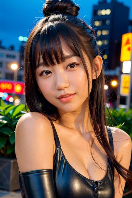 "1girl,photo of pyoapple, brown hair,best quality, mouth mask,black shirt,black miniskirt,(detailed face:1.4), (looking at viewer:1.4), shiny skin, smile, city at night background ,(half body:1)
 <lora:pyoapple_v1.0-000003:0.850>