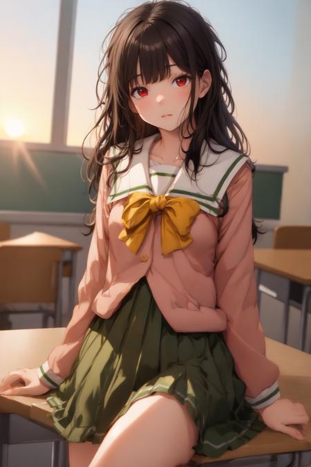 absurdres, highres, ultra detailed, indoors, cowboy shot, looking through legs, madeon,
<lora:pnkserafuku:1>pnkserafuku, yellow bow, 1girl, black hair, long hair, blunt bangs, red eyes, pale skin, disgust, long sleeves, indoors, classroom, sunset, raytracing, 8k, looking at viewer, 
<lyco:envybetterhandsLocon_beta2:1>perfect hands,
<lora:fineline-v2:1> <lora:DoF2:1> <lora:flat2:-0.5> <lora:flatBG:1>