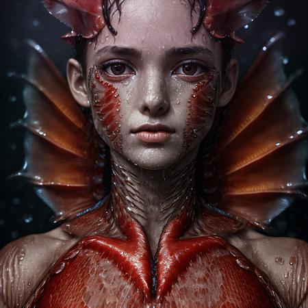 award winning studio photo woman in gorgeous red dress, close up, carbon, (detailed texture:1.3), (detailed skin:1.2),, detailed eyes, sharp focus, hd, hdr, 8k, reflection, (wet body:1.3), (fish scales:1.4), (gills on the neck:1.7)