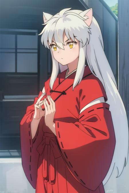 inuyasha, long hair, animal ears, white hair, male focus,dog ears, (yellow eyes:1.5), japanese clothes, hakama, red hakama,