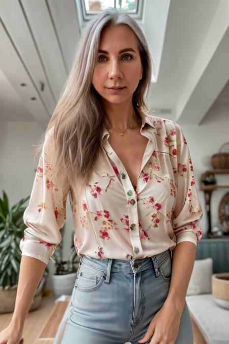 RAW photo of  virag, upper body, Floral print blouse and high-rise skinny jeans for brunch at a cafe, (high detailed skin:1.2), 8k uhd, dslr, soft lighting, high quality, film grain, Fujifilm XT3,  <lora:virag:1>