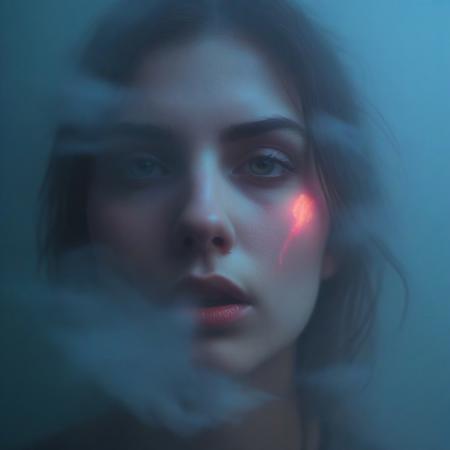 Young woman, dispassionate , moody, hazy, foggy, neon lights break through the dense fog, artsy, pop album cover shot, graphic design background, close up on woman's face