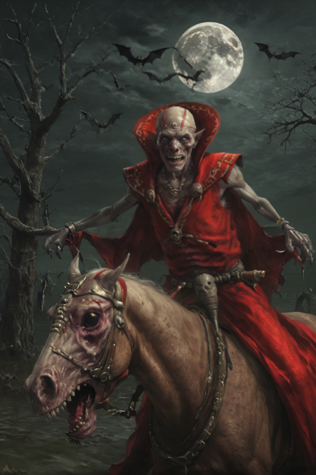 photorealism, night, high moon, blood moon, flying bats, dead trees, w4lkh1r4htep waldakir rahtep, bald old male, monster on horseback, wrinkles, sharp teeth, sunken eyes, sunken cheeks, red robe, high collar, crown, bracelet, skeleton horse <lora:Waldakir Rahtep, Necrach Vampire_epoch_18:0.8>, intricate details, high resolution,