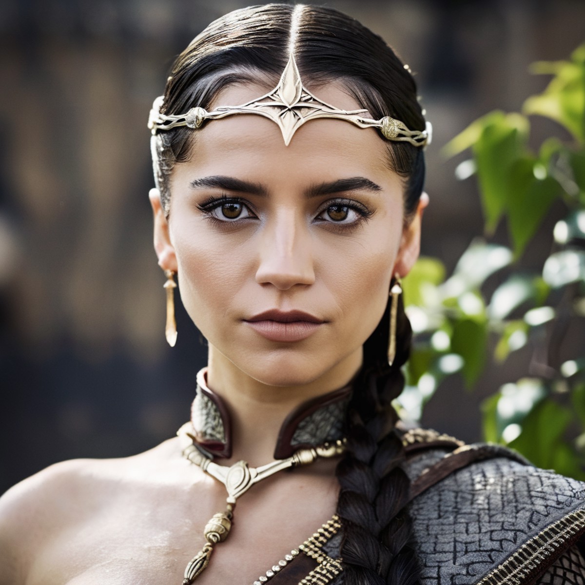 Skin texture, Closeup portrait photo of a stunning young woman dressed as a highborn noble from game of thrones,f /2.8, Ca...