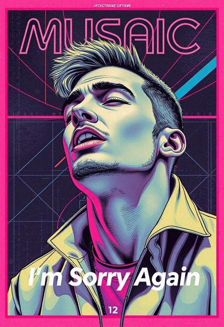 high quality design aesthetics, male vocals, electro-funk, synth-pop, disco, retrofuturistic, modern, detailed, pop album cover, white man, artist name "Musaic", album title "I'm Sorry Again"