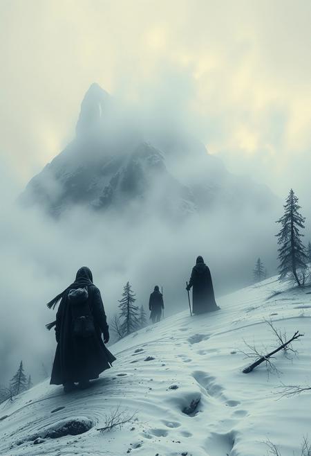 A misty snow-covered mountain where shadowy figures are seen blending into the fog, appearing as if they are fading between dimensions, merging poetic ghostliness with  glowing, majestic winter scenes.
surreal nightmarish realism, intricate ink cross-hatching with hyper-detailed painting, cinematic dramatic lighting, eerie ghostly landscapes, psychologically intense figures, twisted dreamlike horror, deep chiaroscuro shadows, dark atmospheric storytelling