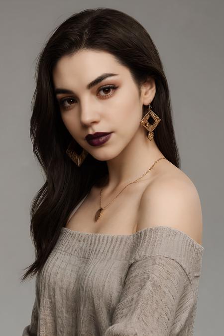 adelaide_kane, long hair, athletic body, symmetrical eyes,
gray off-shoulder top sweater, grey jeans, earrings, detailed skin, BREAK black lipstick, lipstick, black makeup,
medium shot, upper body, portrait, HD, solid white background, realistic, proportionate body, 
<lora:Adelaide_Kane:0.8>, <lora:breastsizeslideroffset:-0.4>