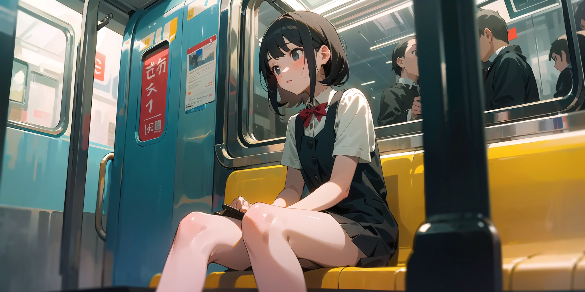 (masterpiece, best quality),1girl sitting on a subway train, looking to the side, subway car door, from below, solo focus