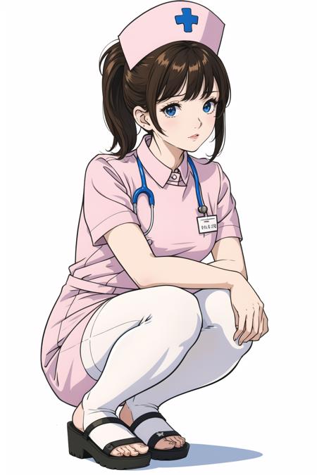 ((((masterpiece)))), ((((highly detailed)))),[[[realistic art]]], beautiful child girl, slender,small breasts, ((((bangs)))), ((1girl)),solo,((looking afar)), [expressionless], medium hair, short ponytail,(((nurse))),short sleeves, (((nurses cap))), white panties, ((white pantyhose)), (white Nurse Sandals), stethoscope, ((pigeon toed)),((squatting)), name tag, foot focus, from below, full body , hug clipboard, Medical cabinet, medical office,

,[(white background:1.5),::5]