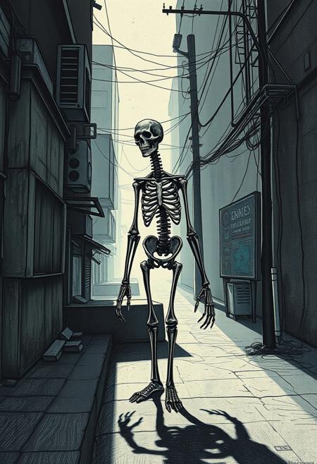 Dreamlike street shadows, elongated surreal grotesque figures, fragmented body horror. High-contrast fine-line ink textures, existentialist minimalism, distorted mechanical and organic fusion, skeletal ghostly human forms. Dark psychological surrealism, recursive anatomical deconstruction, raw textured abstraction, electric vivid colors, hazy soft light, soft dreamy atmosphere.