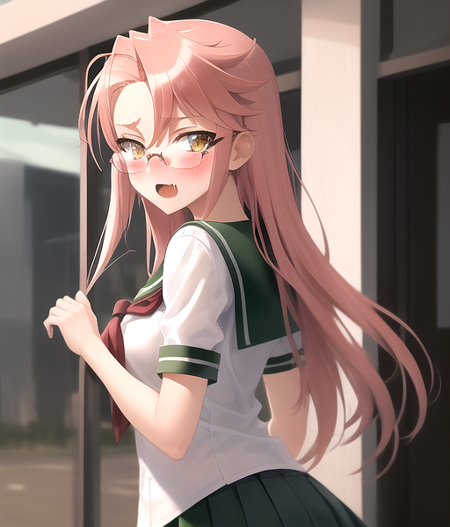 masterpiece, best quality, best aesthetic,
takagi saya, solo, blush, brown eyes, school uniform, yellow eyes, glasses, serafuku, fang, cowboy shot, front view, absurdres, very detailed, 8k, highschool of the dead <lora:Saya_Takagi-07:0.8:OUTALL>