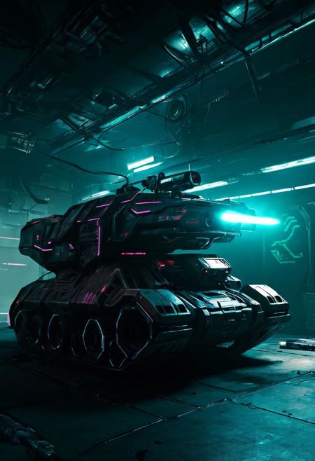 cyberpunk aesthetic, futuristic vehicles, suggesting a hangar location, by ben templesmith,  futuristic, neon, dystopian, urban, highly detailed, ground vehicle, armed , guns, turret, laser cannon
