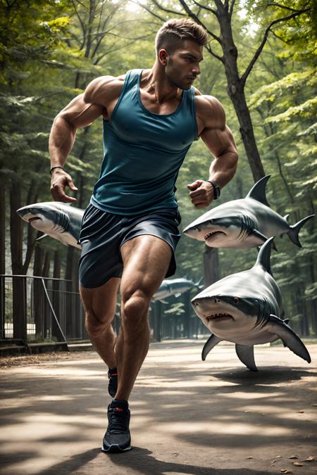 realistic, masterpiece, best quality, cinematic lighting, natural shadow, highest detail, professional photography, detailed background, depth of field, insane details, intricate, aesthetic, detailed face, subsurface scattering, realistic hair, realistic eyes, shiny skin, muscular, masculine, photo of a handsome man, (30 year old), sportswear, tank top,  shorts, shoes, shark-fish, fish, running, street, scared expression, city, street, solo, park,