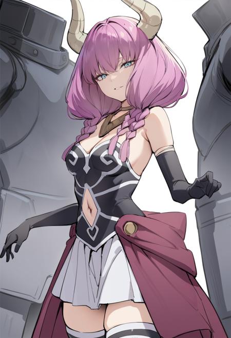 frieren-aura, horns, pink hair, purple hair, blue eyes, multiple braids bare shoulders, black gloves, thighhighs, elbow gloves, navel, navel cutout, white skirt, red cloth/skirt, cleavage